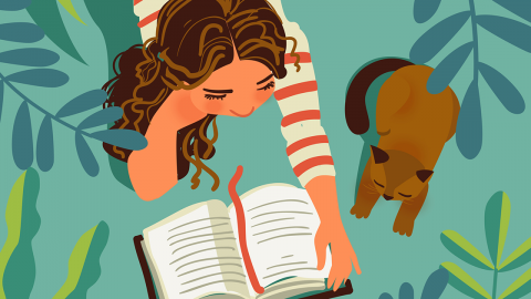 Colorful illustration of bird's eye view of adolescent girl reading with cat