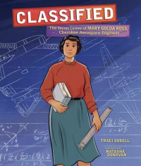 Native American woman walking with a book and ruler with blueprints of planes behind her.