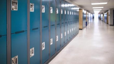 long hall with blue lockers