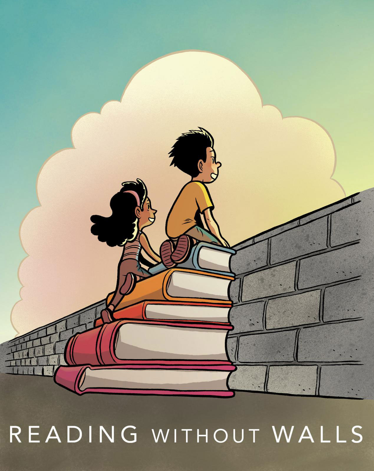 Reading Without Walls: Boy and girl sitting on a stack of books looking over a wall