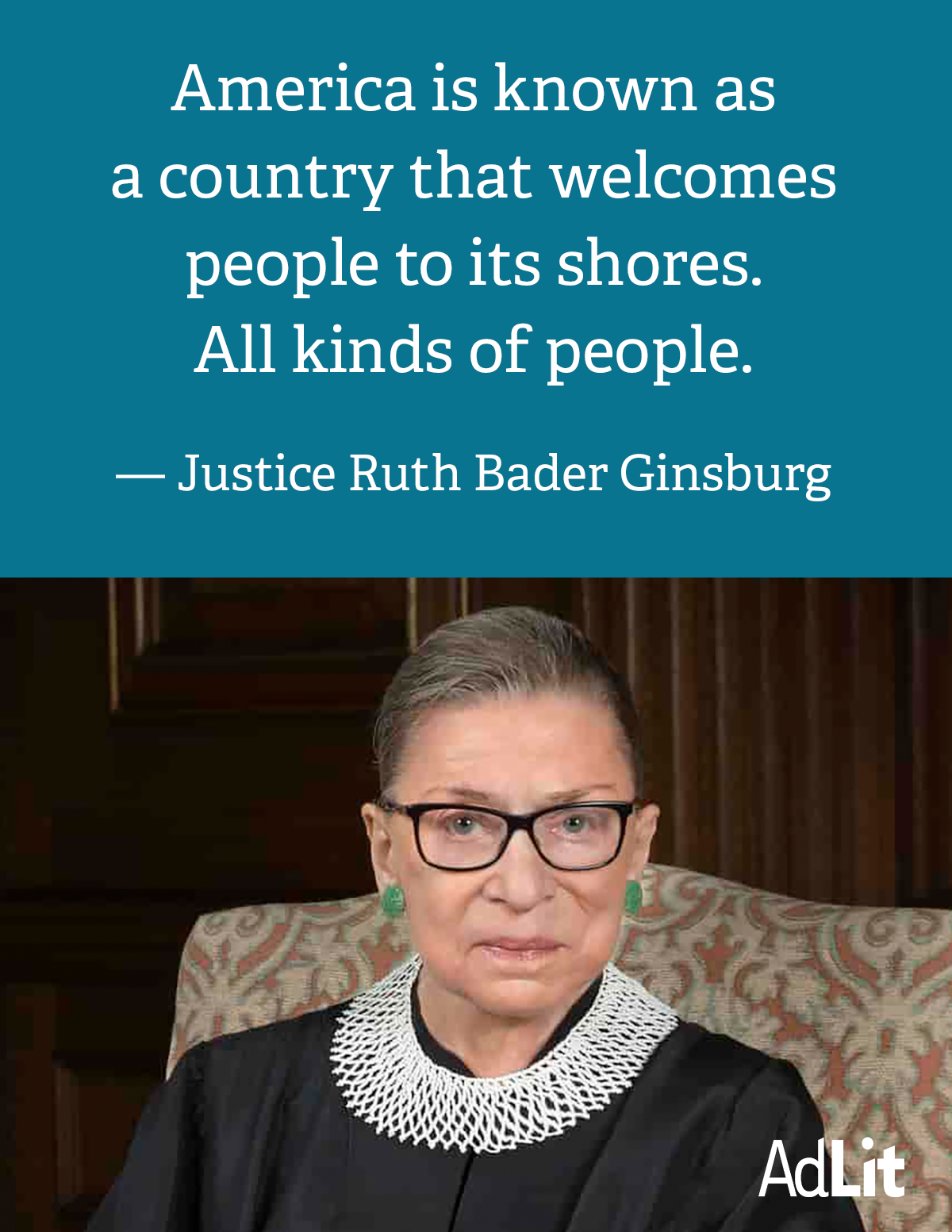 Picture of RBG sitting in her judge robes with quote about immigration above.