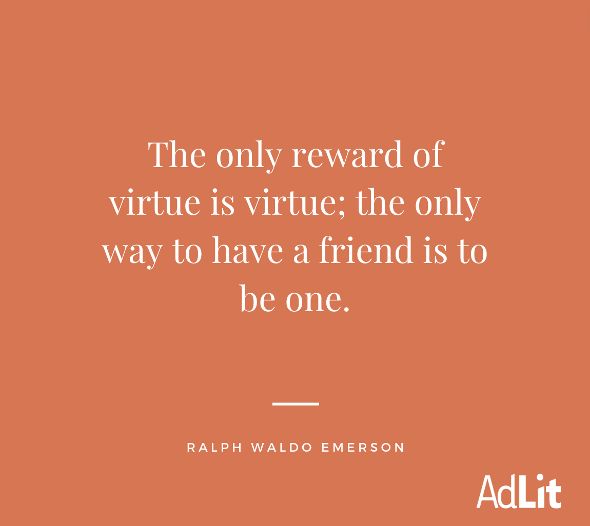 Ralph Waldo Emerson quote on friendship with a rusty orange background.