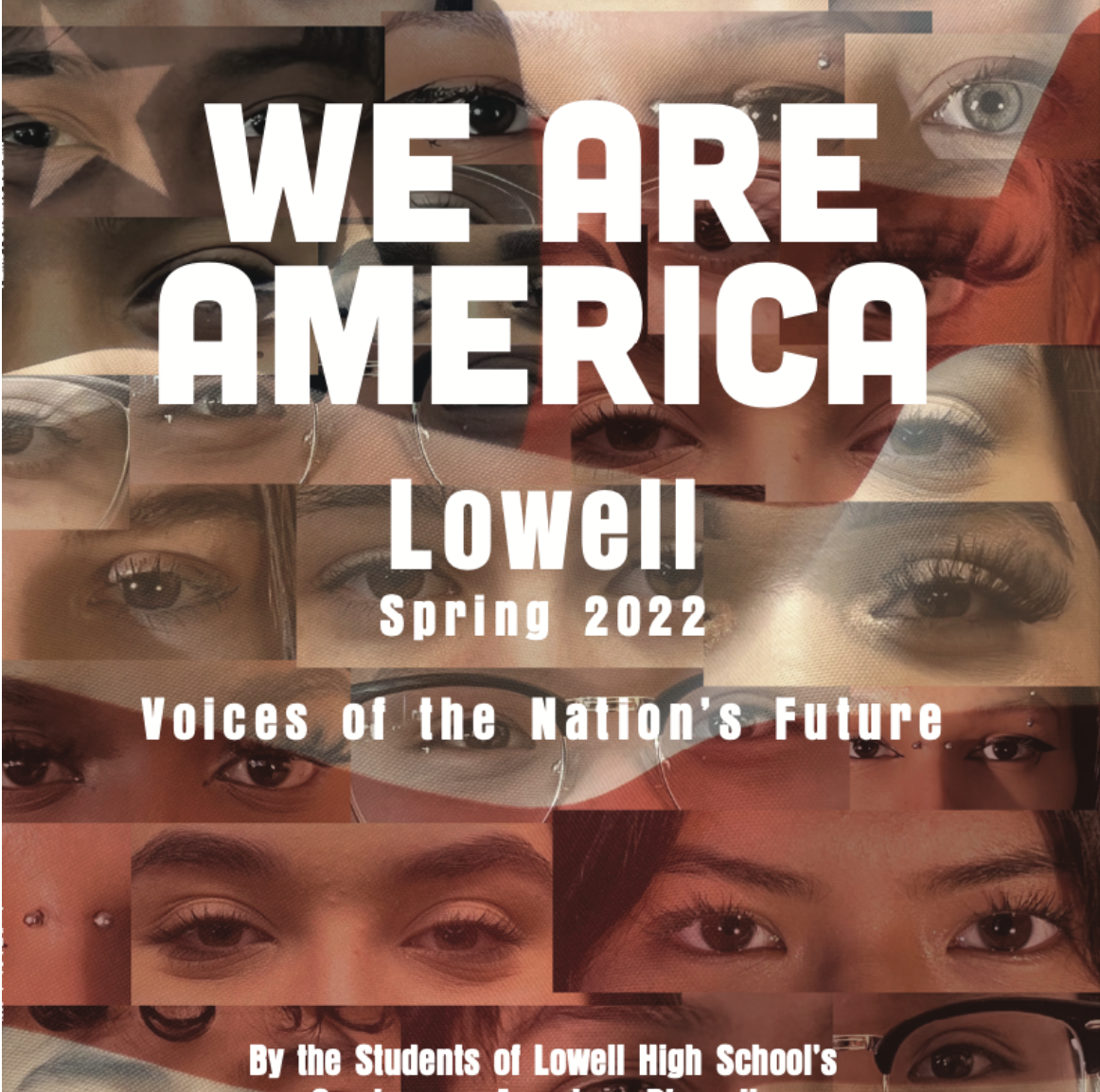 Close ups of adolescents eyes with the title of the book "We Are America" overlayed