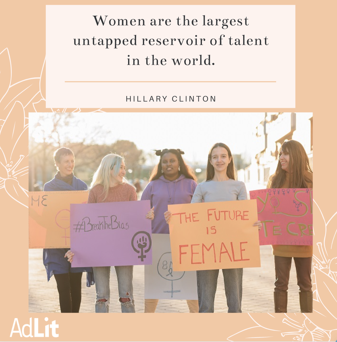 Young women holding women's rights posters with Hillary Clinton quote above