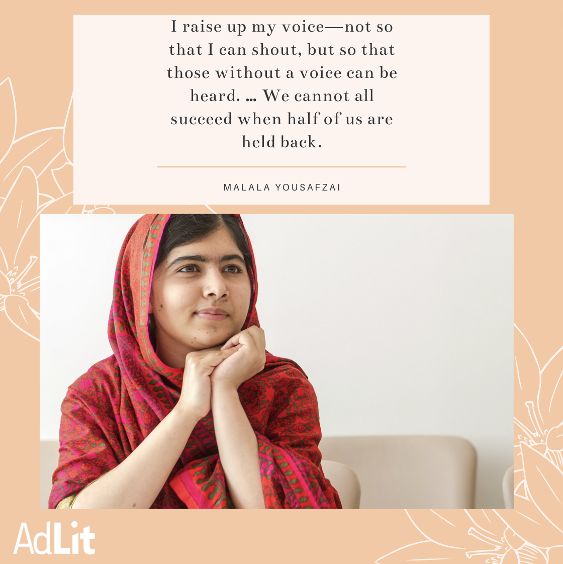 Malala sitting on a couch with a red hijab on with quote above her