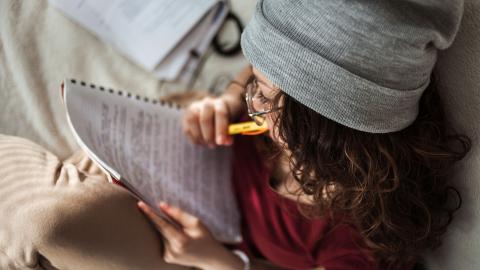 Middle school student at home reading school text
