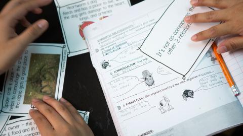 Close up of middle school students' hands working on science vocabulary study