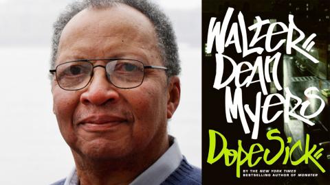 Close up portrait of author Walter Dean Myers with Dope Sick cover using bold hand drawn typography