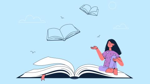 girl sitting on a book with flying books