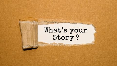 cork board with middle scratched to reveal the title "What's Your Story?"