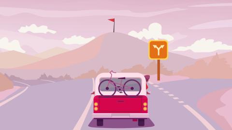 A drawing of a truck that has come to a fork in the road.