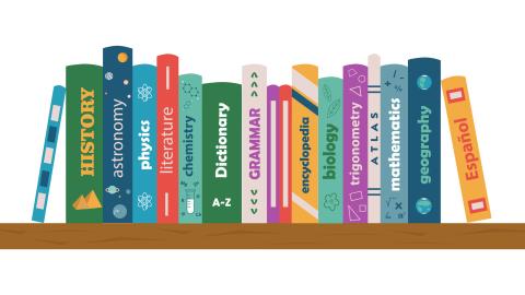 Various content area books on a shelf