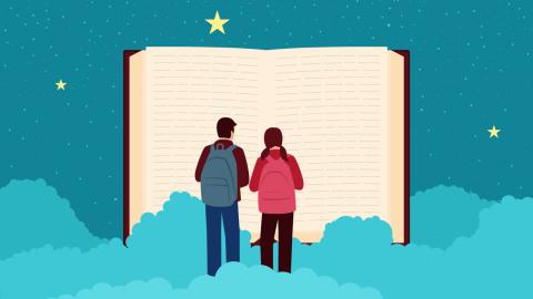 a drawing if a boy and a girl standing on clouds in front of a large, open book