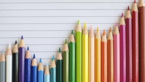 A bar graph made of colored pencils shows fluctuations but a general uptrend