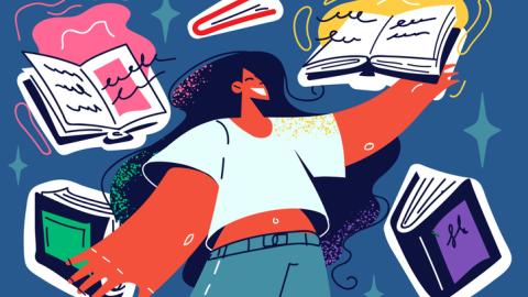 Happy girl student surrounded with books enjoy education in college or university. Smiling woman taking educational course in school. Learning concept. Vector illustration.