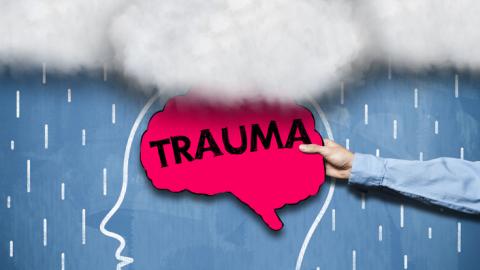 Outline of a head with clouds above it and a hot pink brain with the word TRAUMA written across it