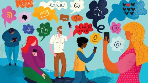 Colorful people walking around looking at their devices to get news