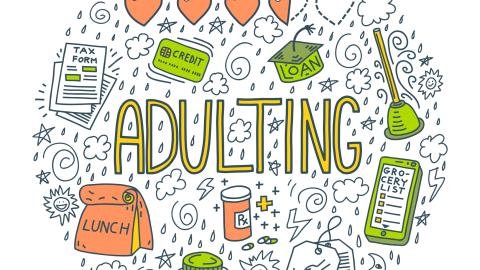 Colorful illustration with text Adulting, and doodles about personal finance (money, tax, debt) and home maintenance (cooking, laundry, fixing). Young adult moving out concept. Round shape.