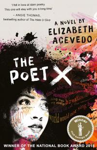 Graphical illustration of mixed race teenage girl with full, curly hair overlaid with poetry