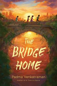 Four children running across a bridge at sunset