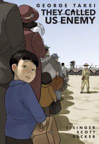 Young boy holding hands of parent in Japanese-American internment camp