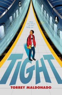 Young boy on platform between two speeding trains