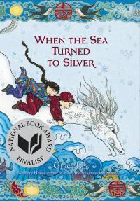 Young girl and boy riding dragon into the sea