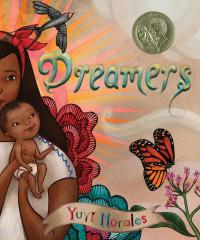 A Hispanic mother and child walk with clouds and flowers behind them