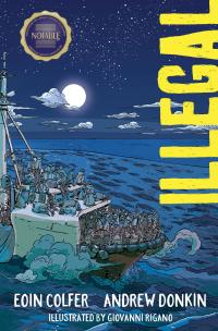 Immigrants in a boat crossing a large body of water at night