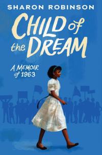 African American girl with a white dress walking in front of protesters