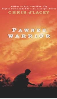 A young Pawnee boy crouches on a field with a red sky behind him