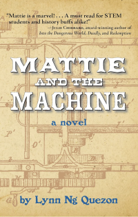 Title of Mattie and the Machine against the backdrop of gears and pipes.