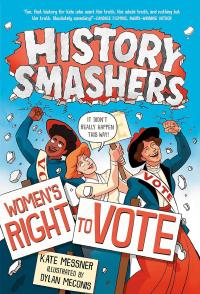 Three women from the turn of the century standing with their hands in the air and Vote sashes on.