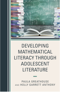 books stacked on a desk with a math equations on a chalkboard in the background