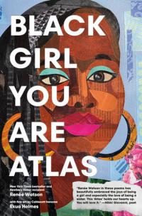 A colorful painting of a black teenage girl with large hoops in her ears, blue eye shadow, and hot pink lips