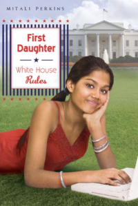 Young Pakistani girl lying on the lawn of the White House with her laptop open.