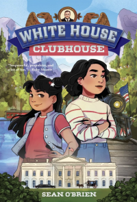 Two girls standing above a picture of the White House and the great outdoors.