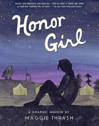 Young girl sitting outside looking back to tents set-up in the distance.
