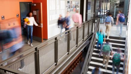High school hallway motion blur of students