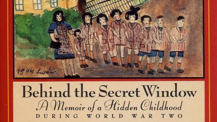 Detail from cover of Behind the Secret Window with illustration of group of Jewish children