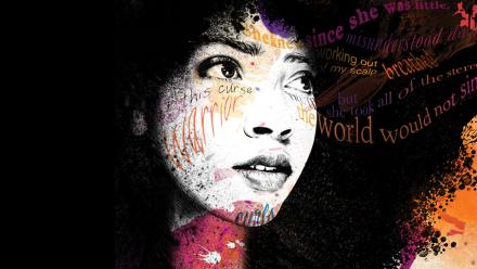 Detail of The Poet X cover featuring mixed race woman with curly hair overlaid with poetry