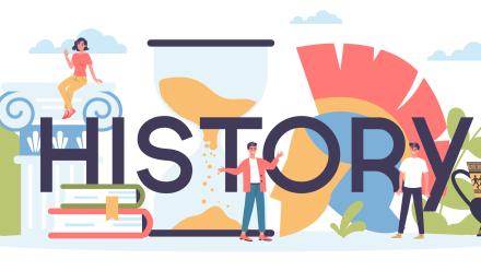 word history spelled out with people standing next to historical items