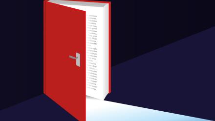 Graphic of a book that is opening like a door and letting light out