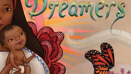 A Hispanic mother and child walk with clouds and flowers behind them