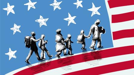 immigrant adults and children walking across land a landscape of the American flag.