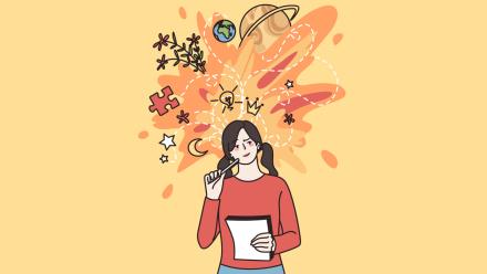 Drawing of a teenage girl with all her thoughts exploding behind her as she ponders what to write.