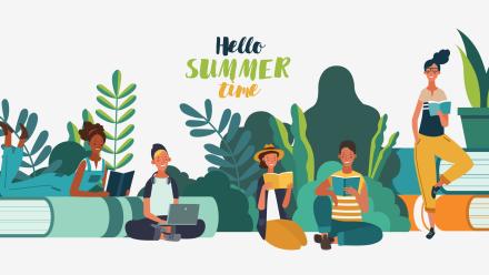 drawing of students lounging on books with plants behind them