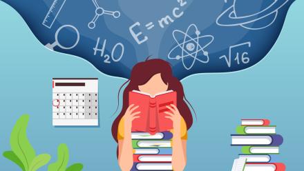 young girl sitting on the floor with stacks of books and various subject area icons floating above her head