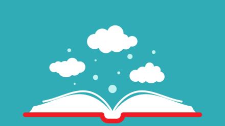 Open book with clouds rising from the pages