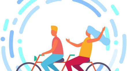 Drawing of two people riding a tandem bike together.